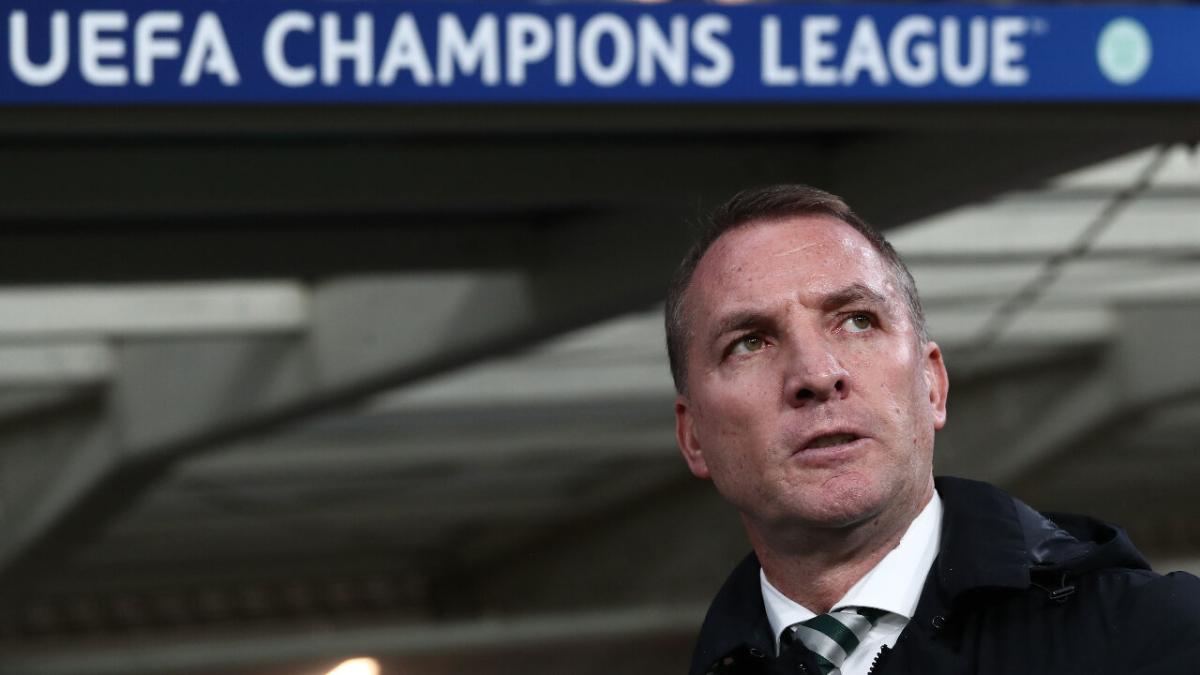Celtic manager Brendan Rodgers looks on in the dugout